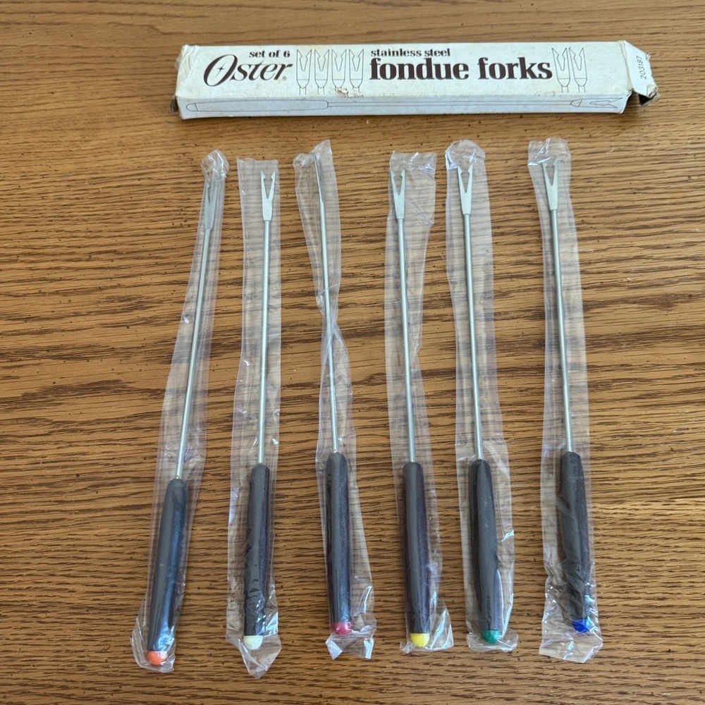 Oster Set‎ of 6 Stainless Steel Fondue Forks with Rainbow Handles NOS